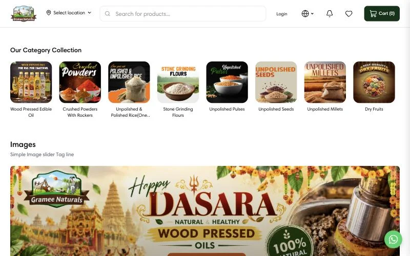Gramee Naturals online store with wood pressed oils, flours, pulses and millets