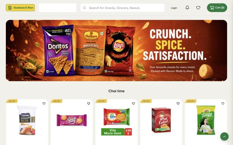 Shubham K Mart online store with a snacks banner and everyday grocery products