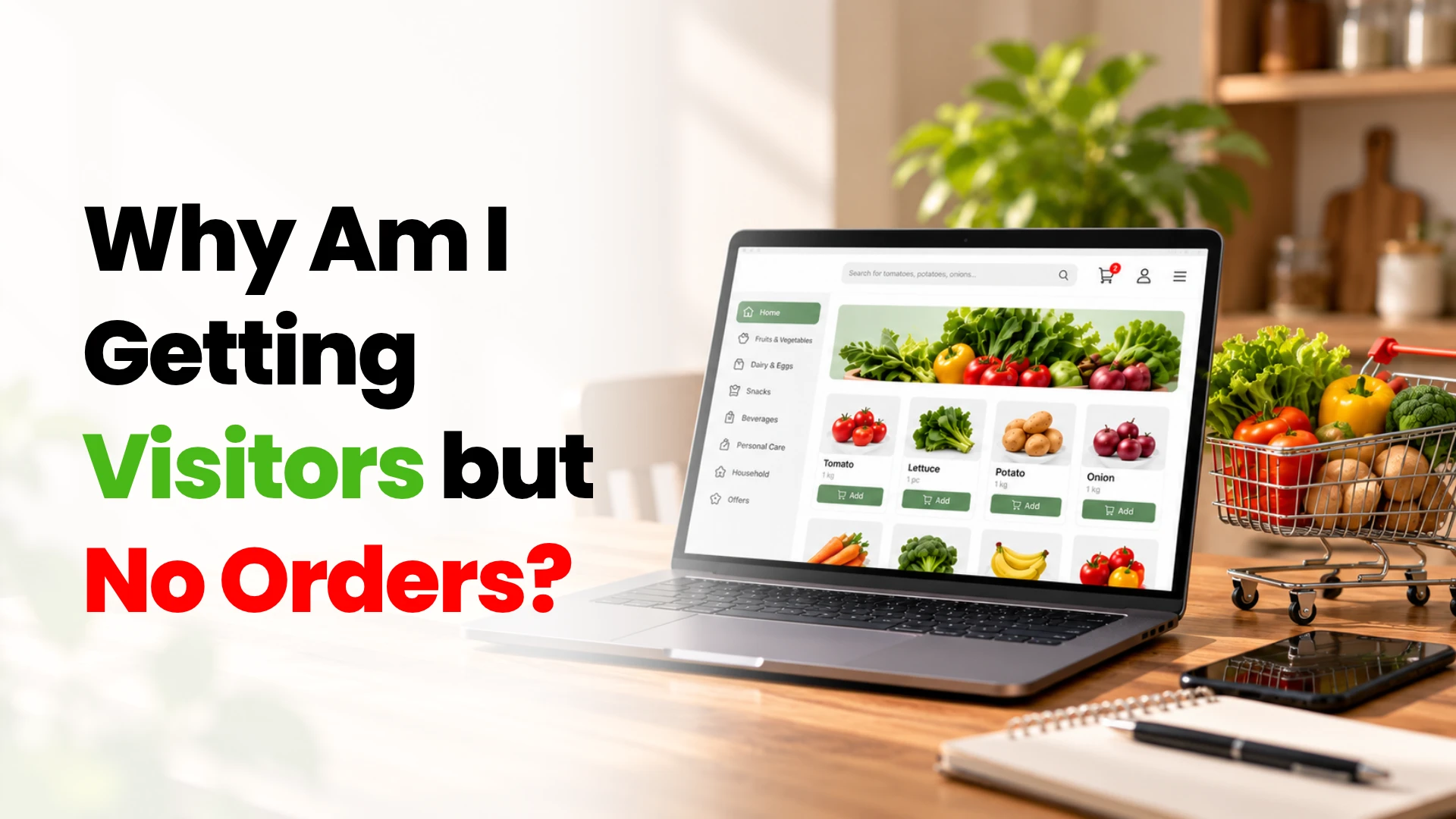 A laptop showing an online grocery store with vegetables, next to a shopping cart full of fresh produce