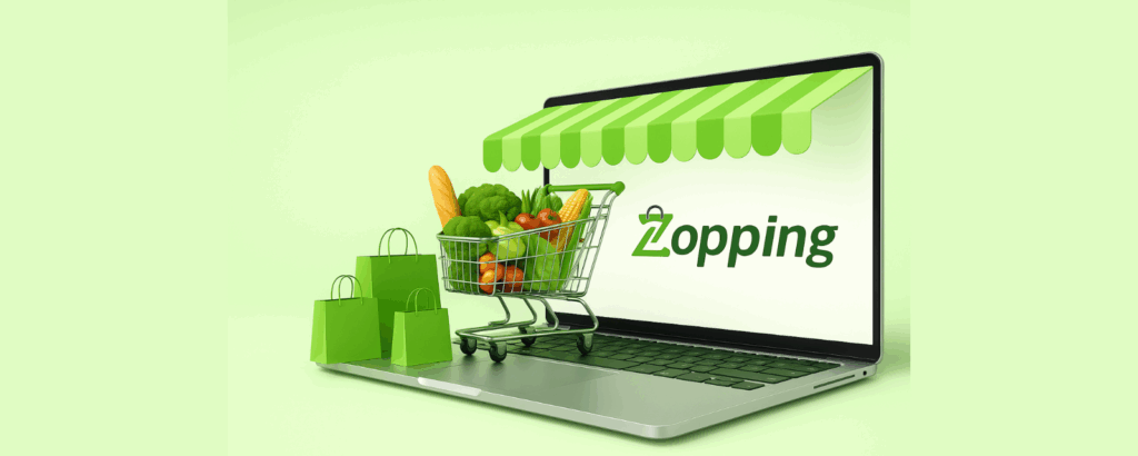 Groceries in a trolley on a laptop with zopping logo